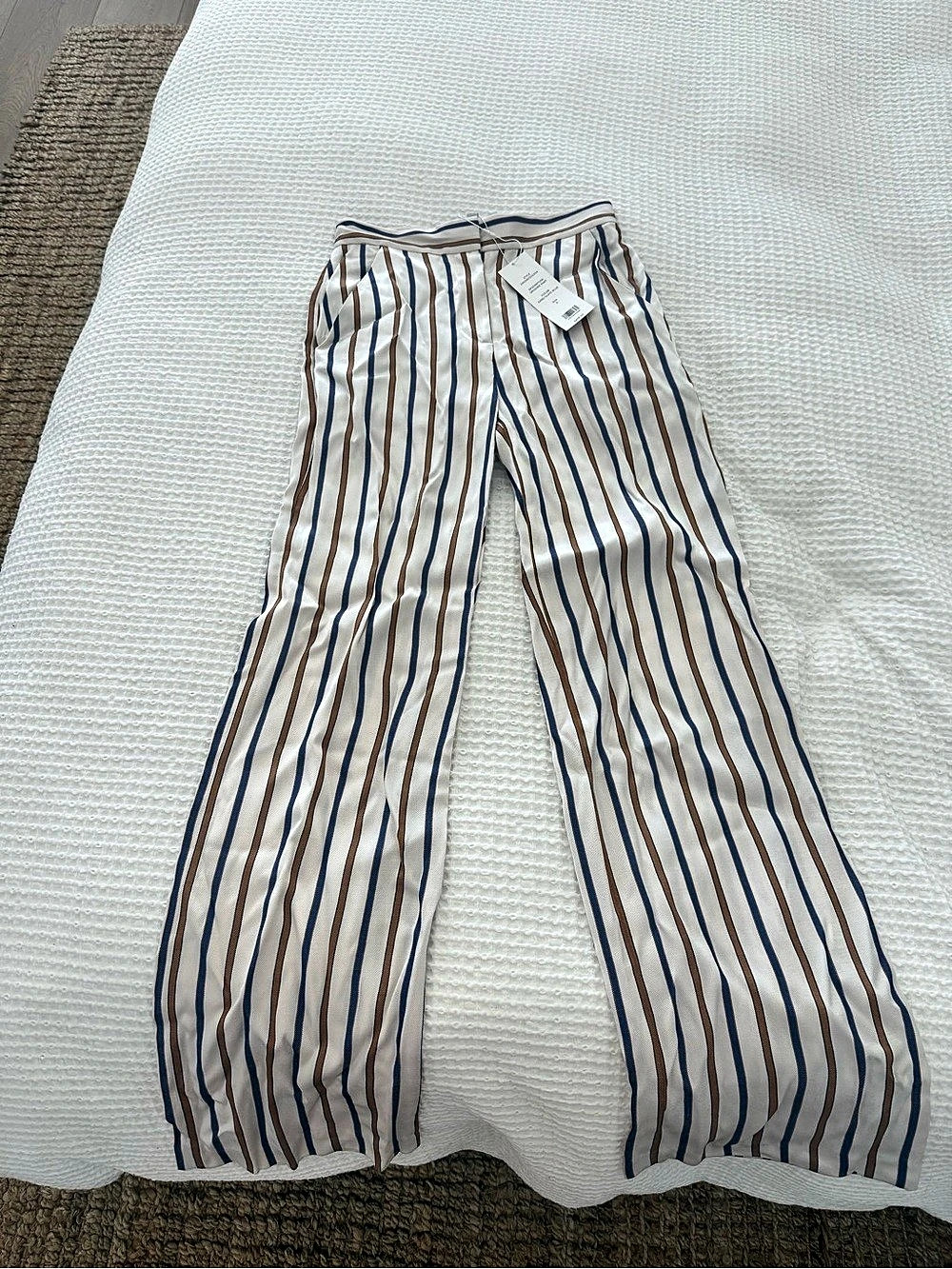 Veronica Beard Grigore Pant Striped Wide Leg Pants White & Blue Small